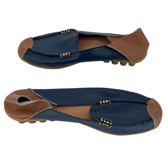Womens Flat Shoes Loafer Slip On Casual Round Toe Brown Blue Size 9/42 - Picture 2 of 5
